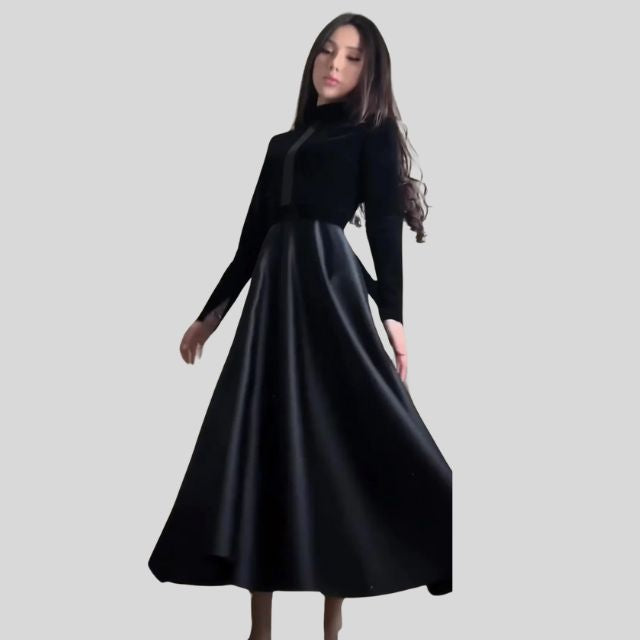 Elegantes Turtleneck-Kleid aus Samt mit ausgestelltem Saum